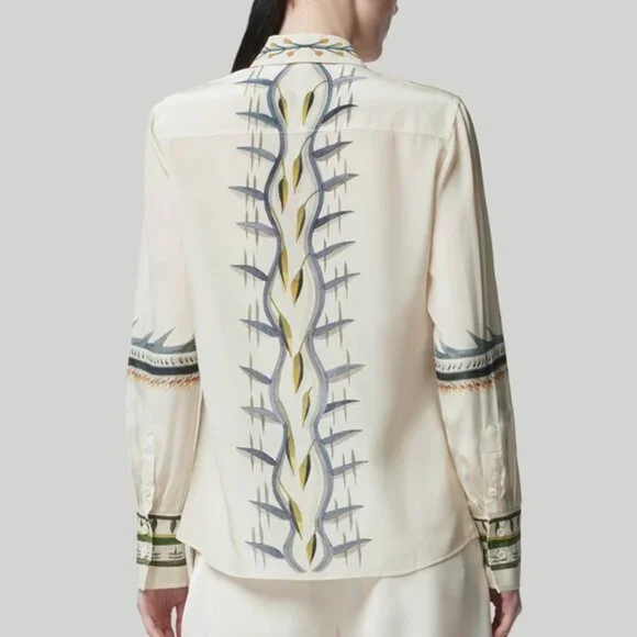 Altuzarra Chika Botanical Print Button Up Blouse Ivory Silk Size IT46 XL L $995